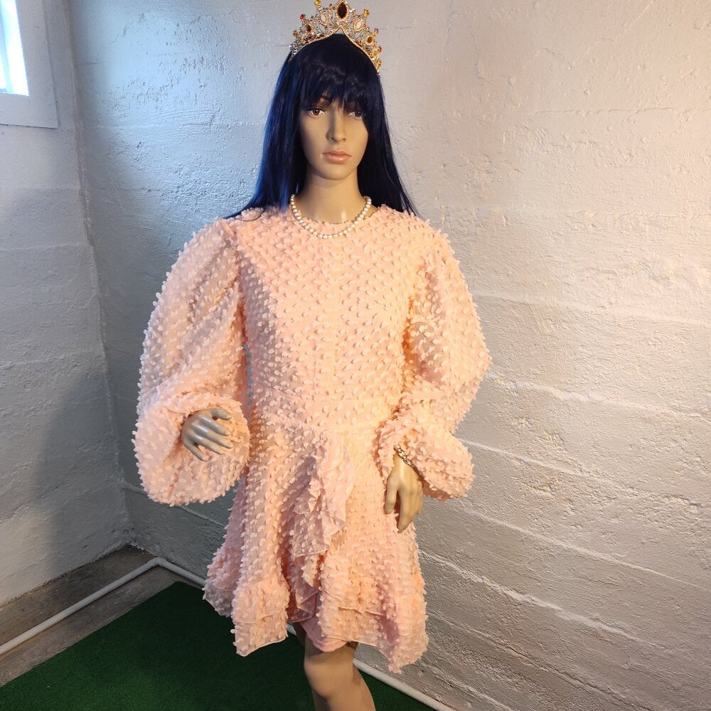 NWT Miss Ord Peach with Dots Long Puff Sleeve A-line Ruffle Mini Dress Size XL